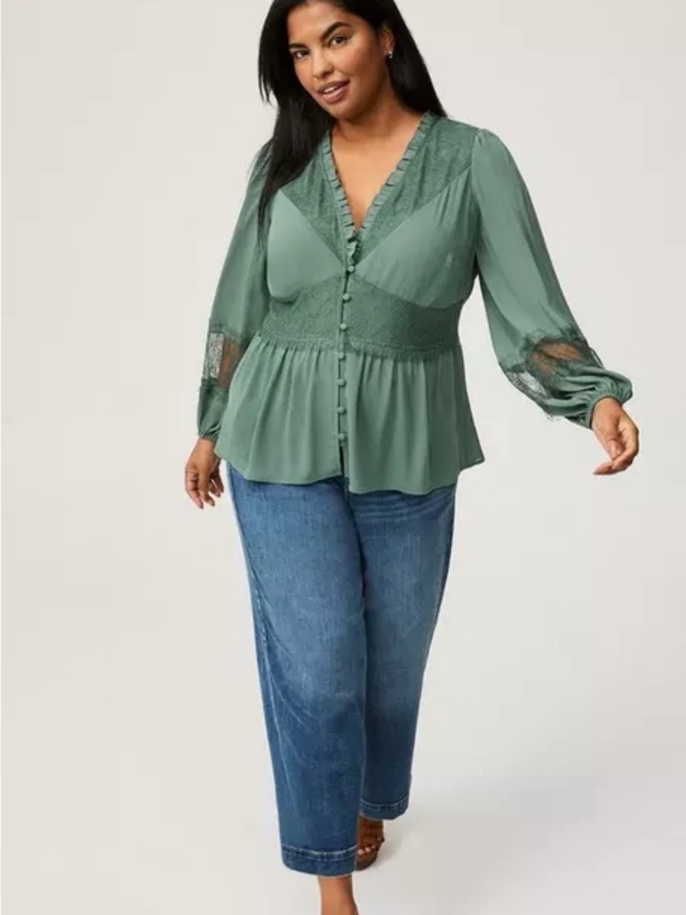 Torrid Plus Size Sage Green Lace-Trim V-Neck Peplum Blouse